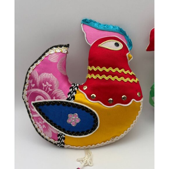 Colorful Fabric Bird Christmas Ornaments Set of 2 Satin Rooster White Swan - Picture 5 of 13